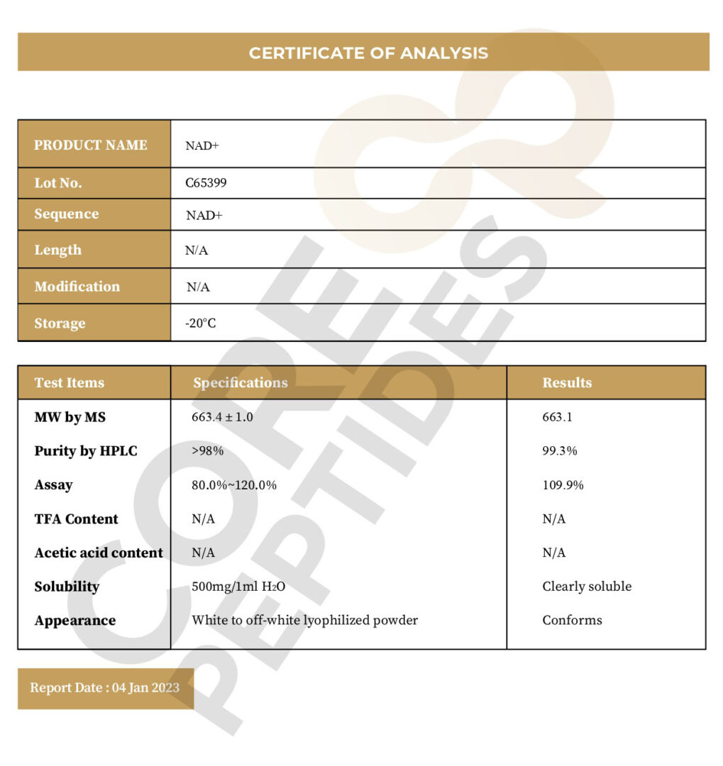 Certificate of Analysis NAD+ 500mg