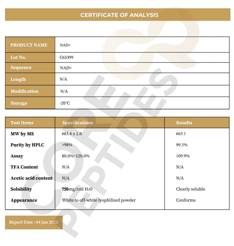 Certificate of Analysis NAD+ 750mg