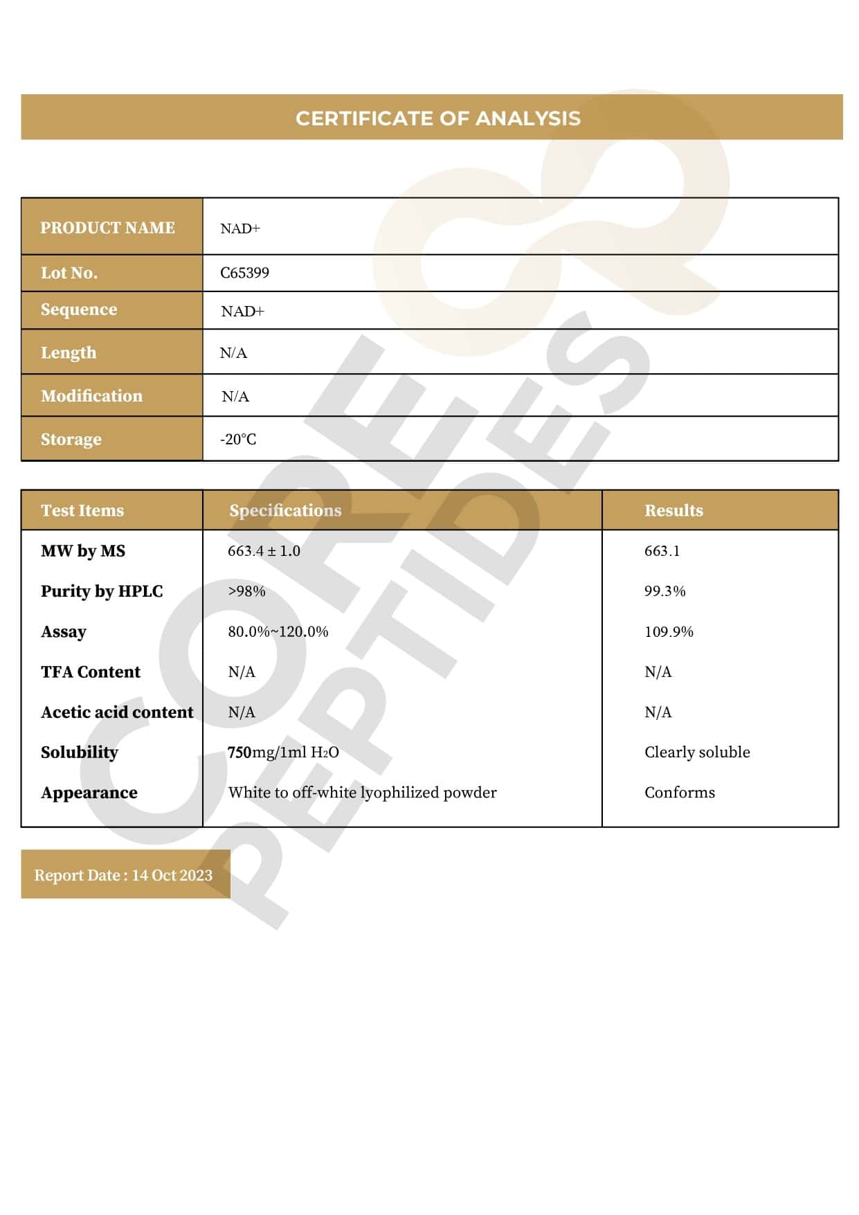 Certificate of Analysis NAD+ 750mg