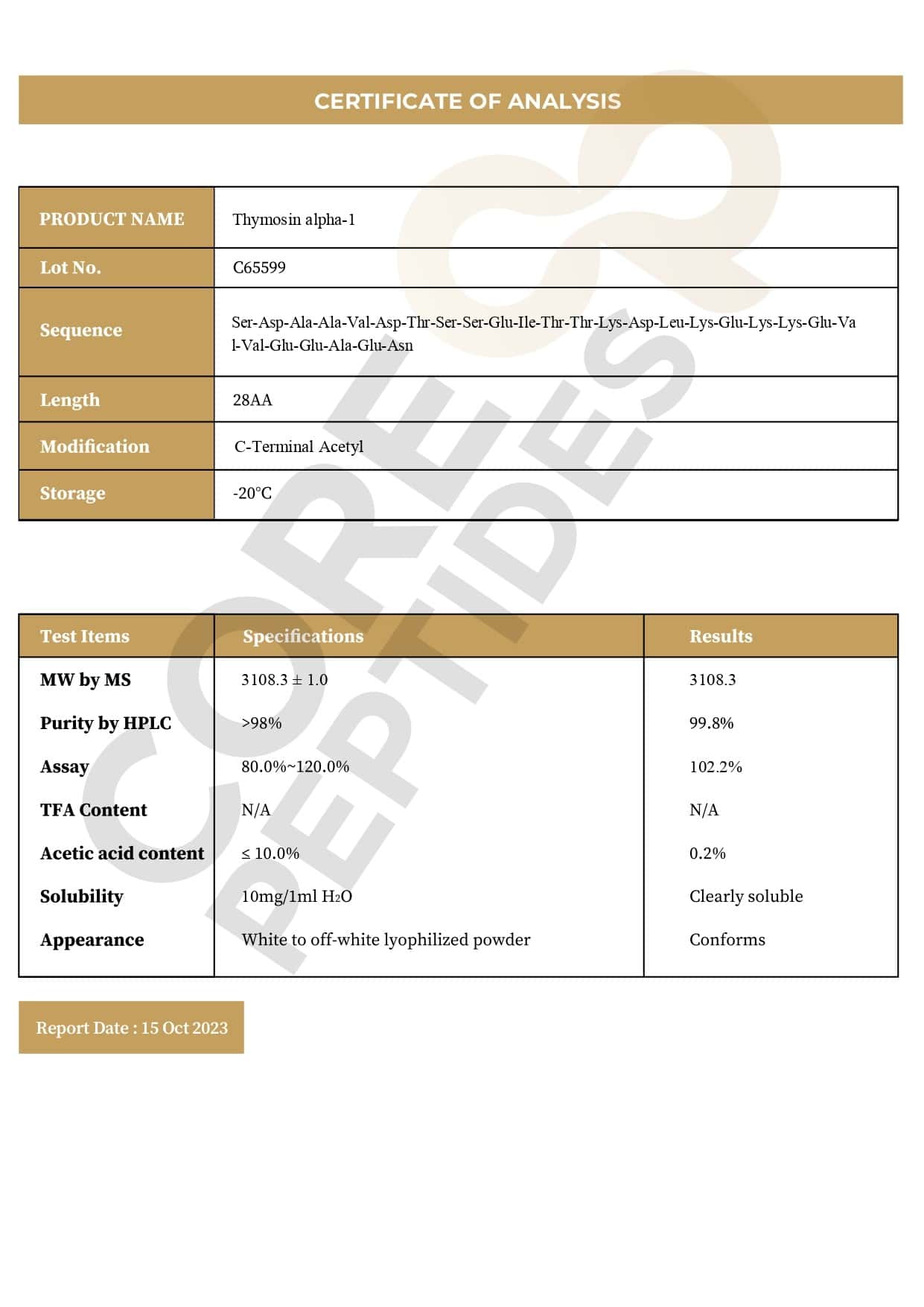 Certificate of Analysis Thymosin Alpha-1 10MG
