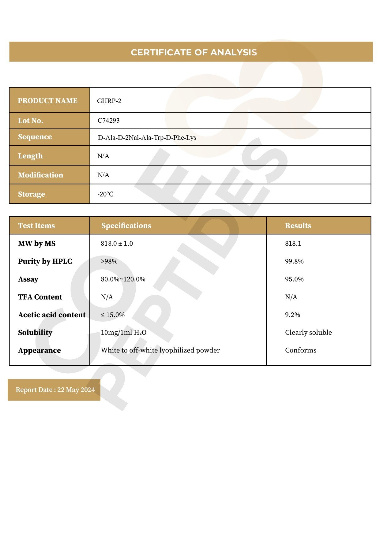 Certificate of Analysis GHRP-2 - 10MG Certificate of Analysis GHRP-2 - 10MG