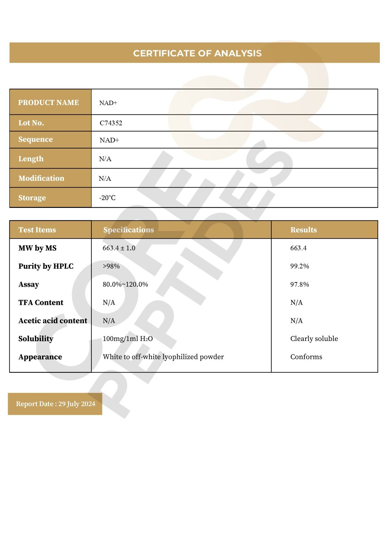 Certificate of Analysis NAD+ - 100MG Certificate of Analysis NAD+ - 100MG