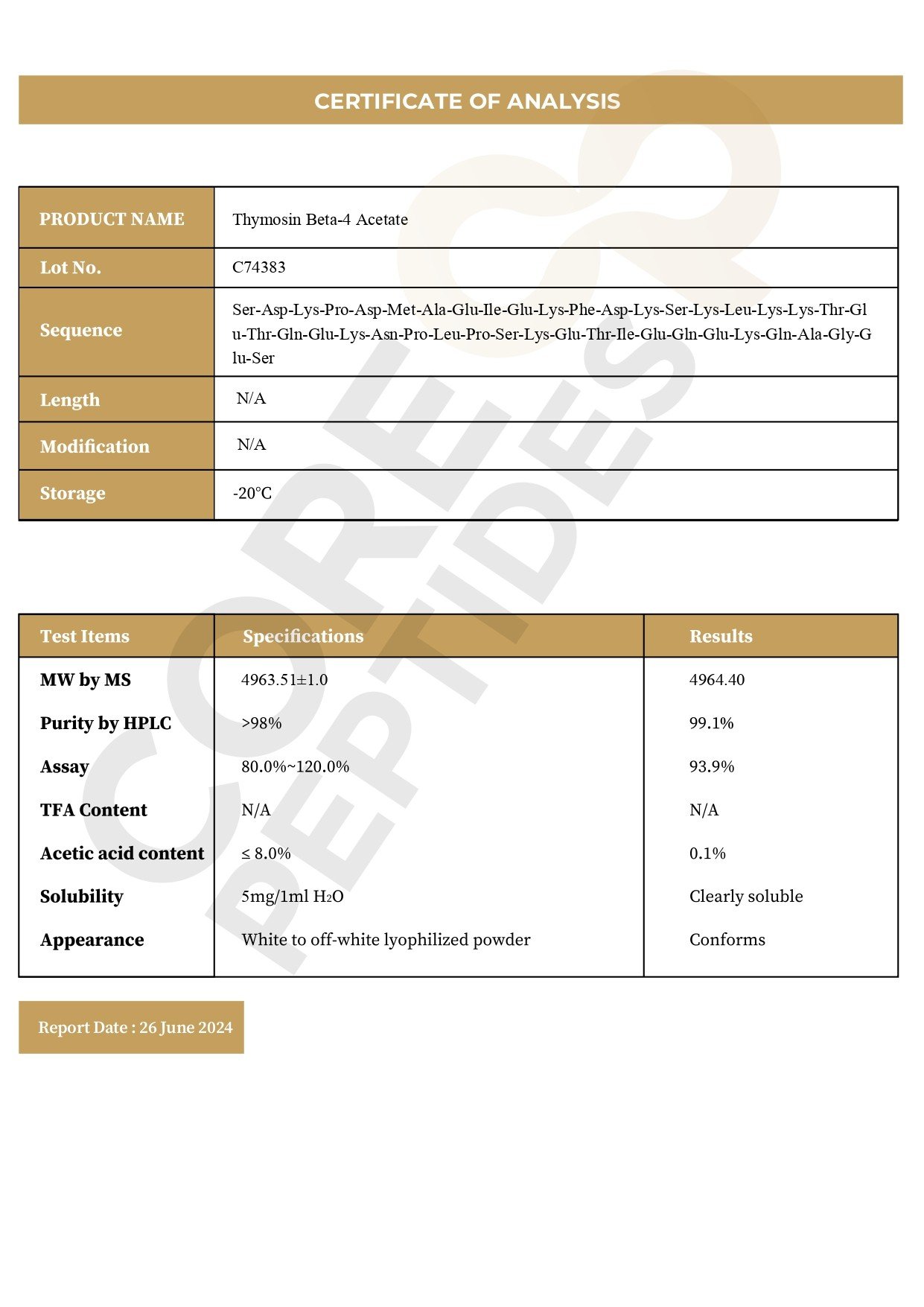 Certificate of Analysis TB-500 - 5MG Certificate of Analysis TB-500 - 5MG