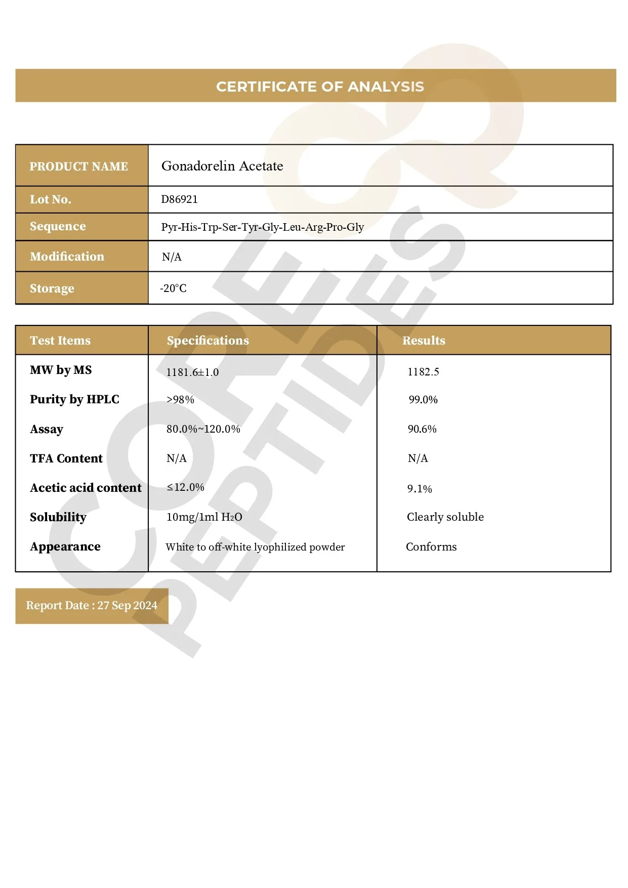Gonadorelin (GnRH) (10mg) Certificate of Analysis