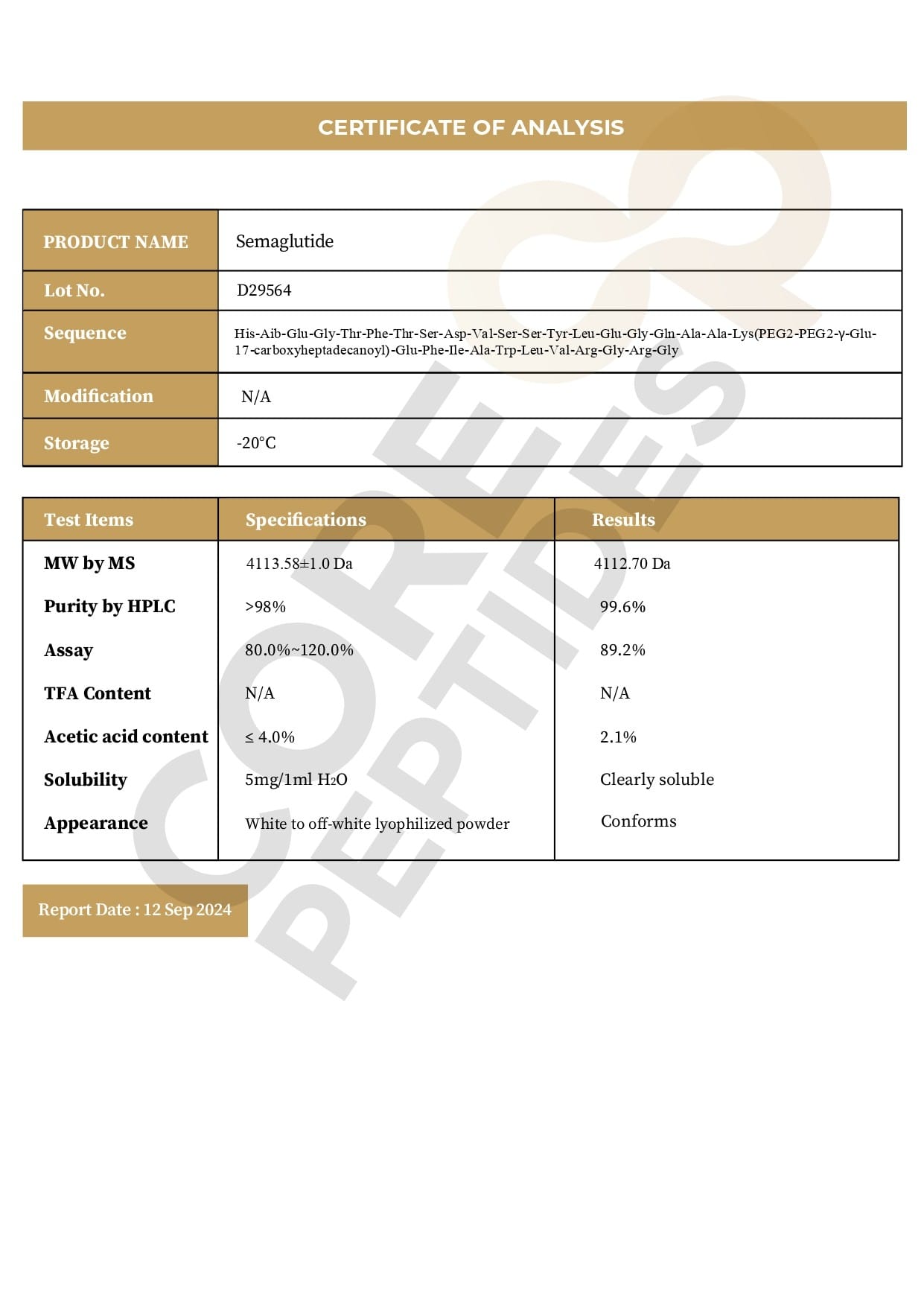 Certificate of Analysis Semaglutide - 5MG Certificate of Analysis Semaglutide - 5MG