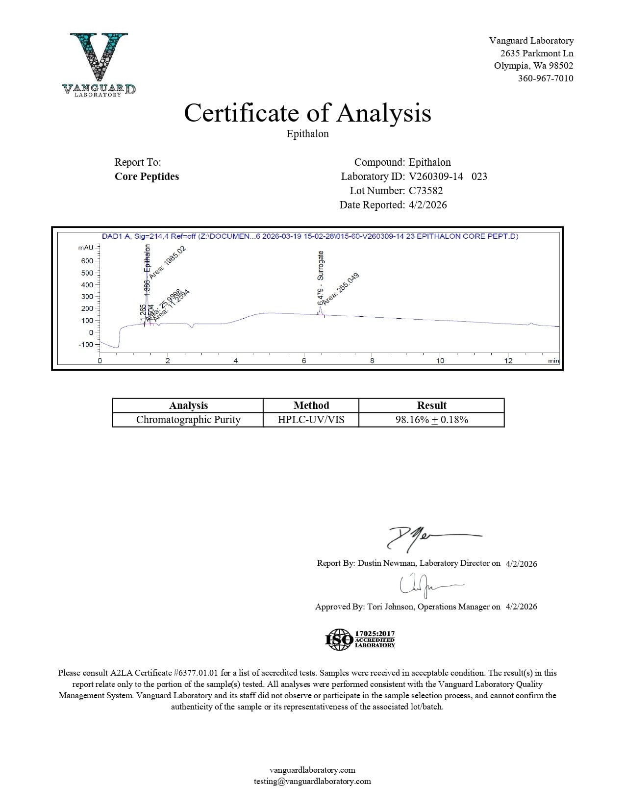 Epithalon (25mg) - Certificate of Analysis