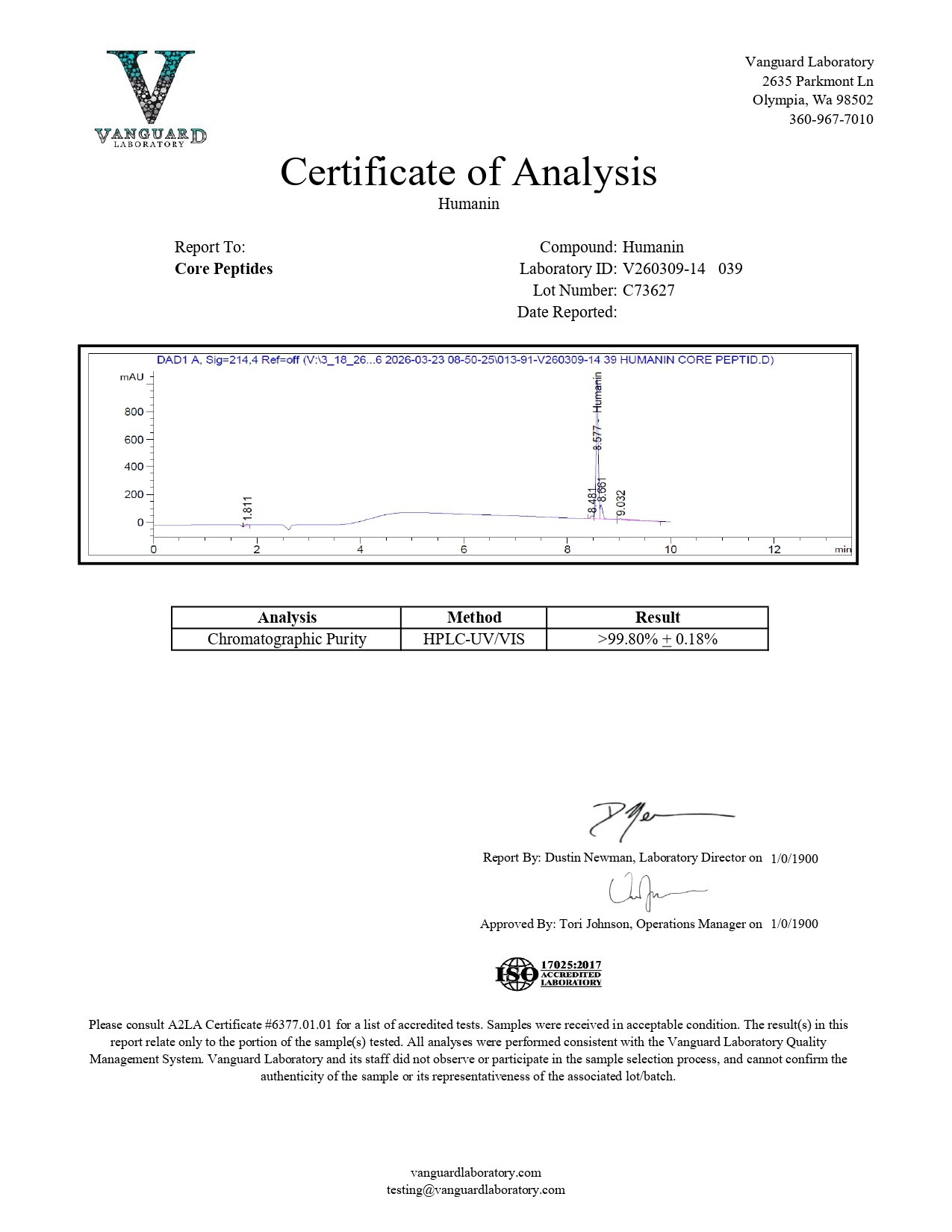 Humanin (10mg) - Certificate of Analysis