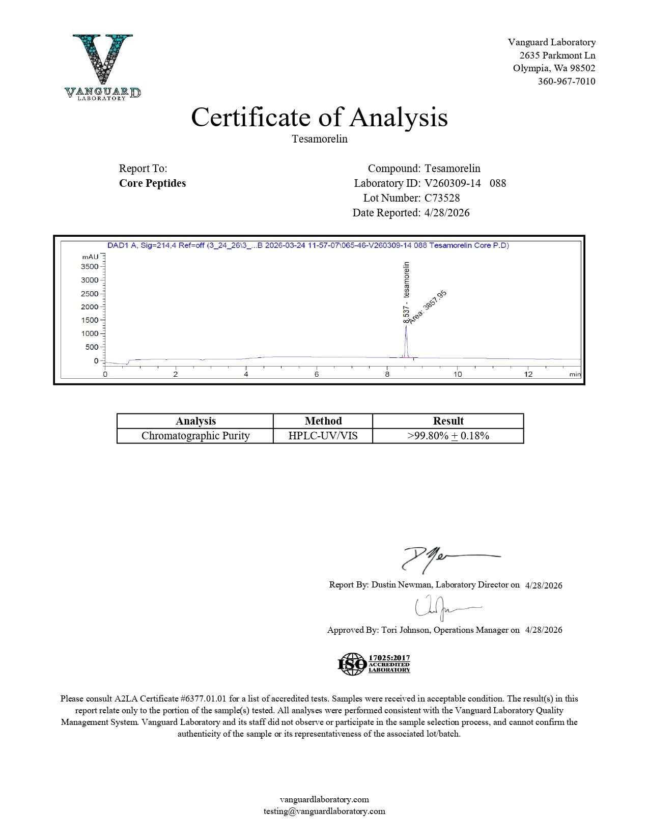 Tesamorelin (10mg) - Certificate of Analysis Tesamorelin (10mg) - Certificate of Analysis