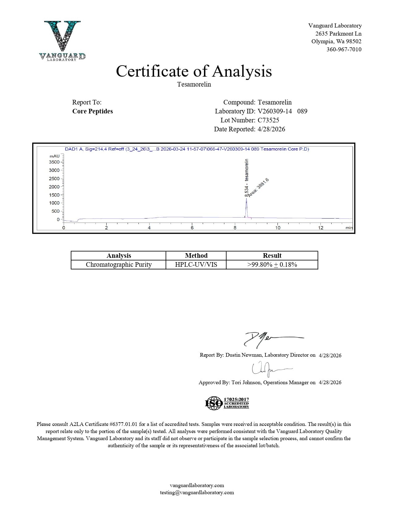 Tesamorelin (5mg) - Certificate of Analysis Tesamorelin (5mg) - Certificate of Analysis