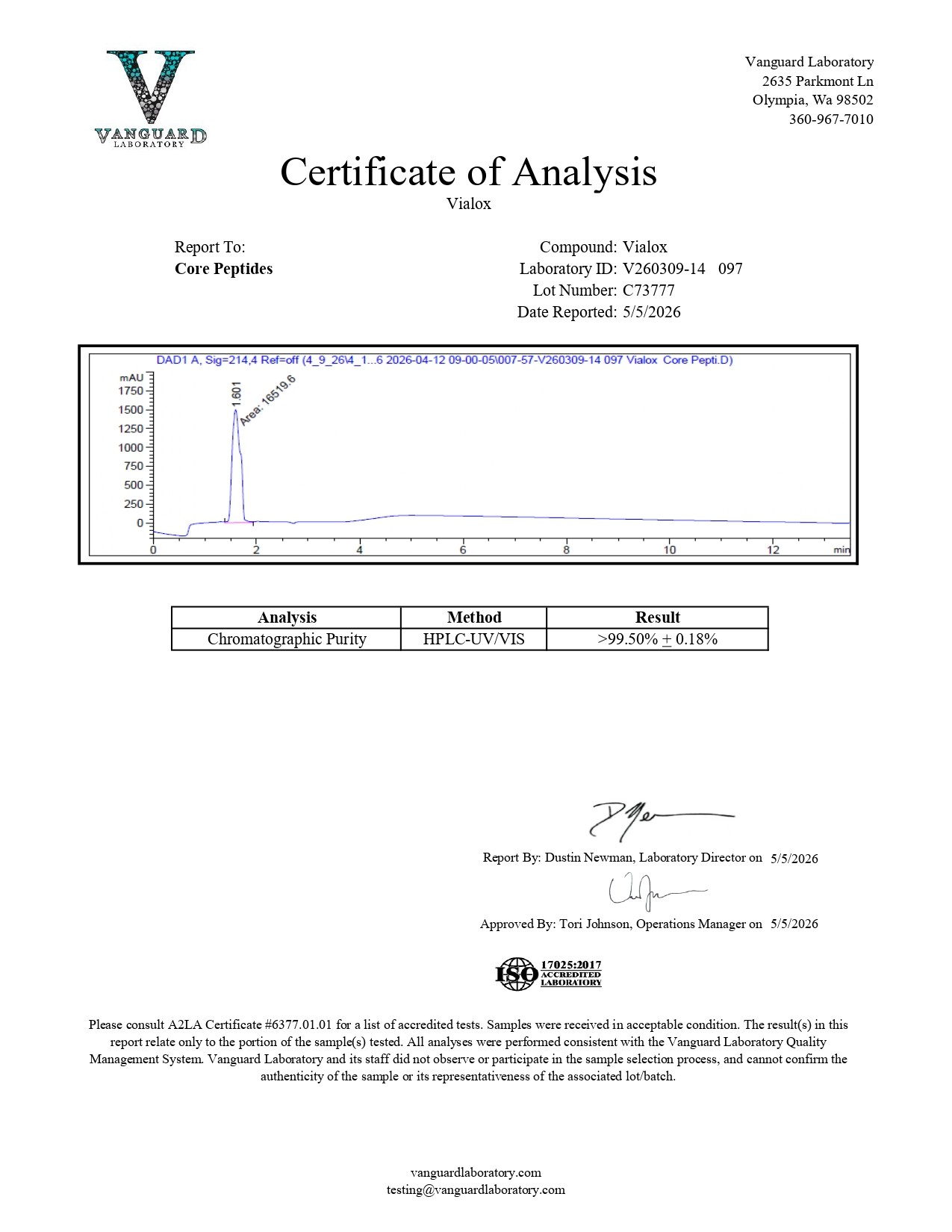 Vialox (Pentapeptide-3V) (200mg) - Certificate of Analysis Vialox (Pentapeptide-3V) (200mg) - Certificate of Analysis