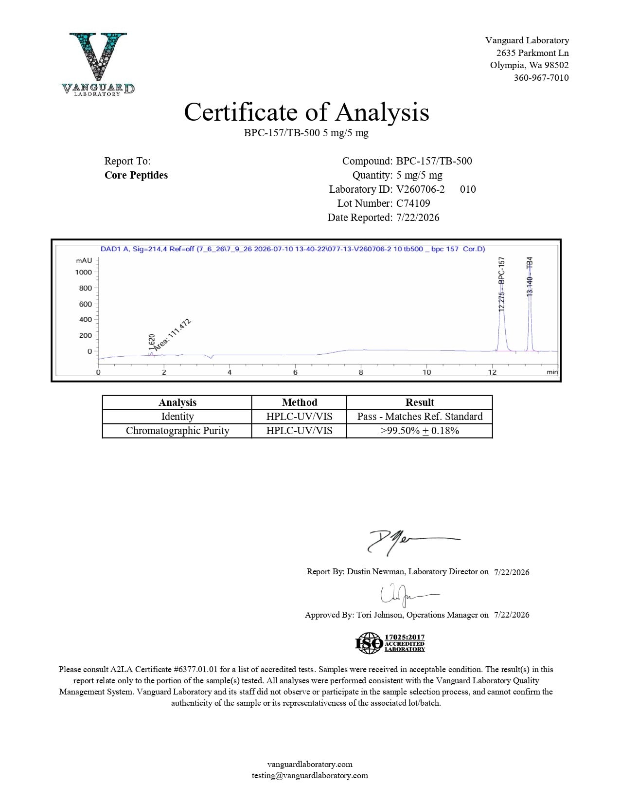 BPC-157 & TB-500 Blend (10mg) - Certificate of Analysis BPC-157 & TB-500 Blend (10mg) - Certificate of Analysis