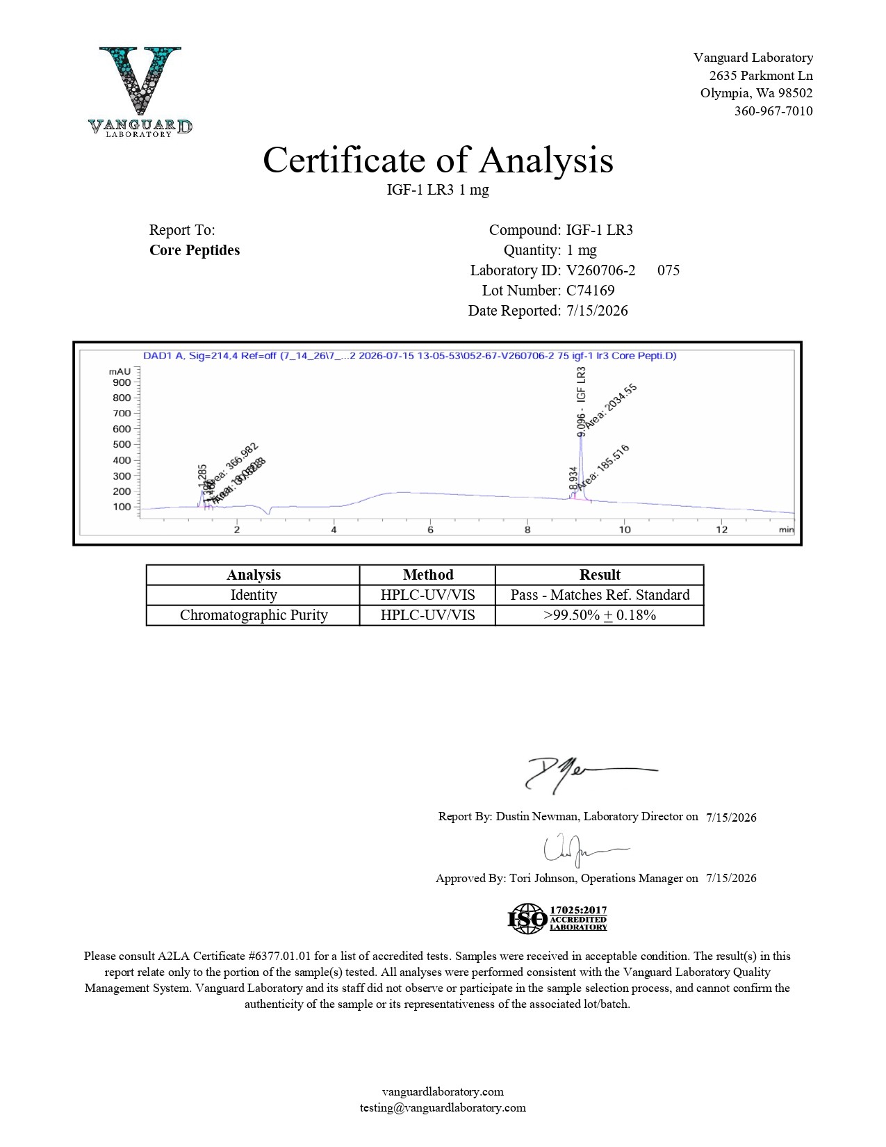 Receptor Grade IGF-1 LR3 (1mg) - Certificate of Analysis Receptor Grade IGF-1 LR3 (1mg) - Certificate of Analysis