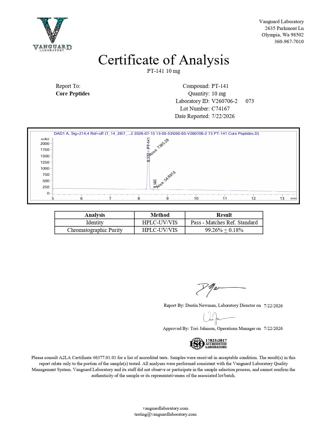 PT-141 (Bremelanotide) (10mg) - Certificate of Analysis PT-141 (Bremelanotide) (10mg) -Certificate of Analysis