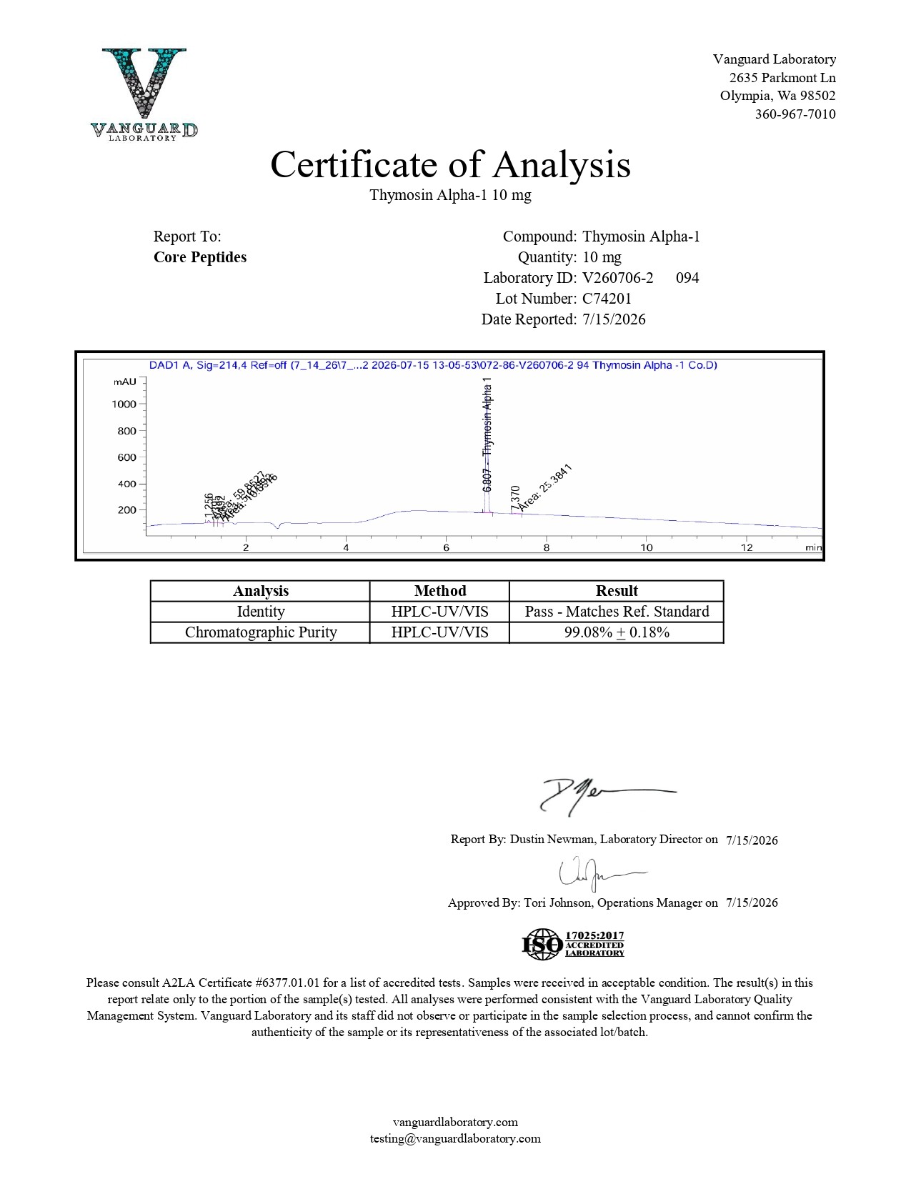 Thymosin Alpha-1 (10mg) - Certificate of Analysis Thymosin Alpha-1 (10mg) - Certificate of Analysis