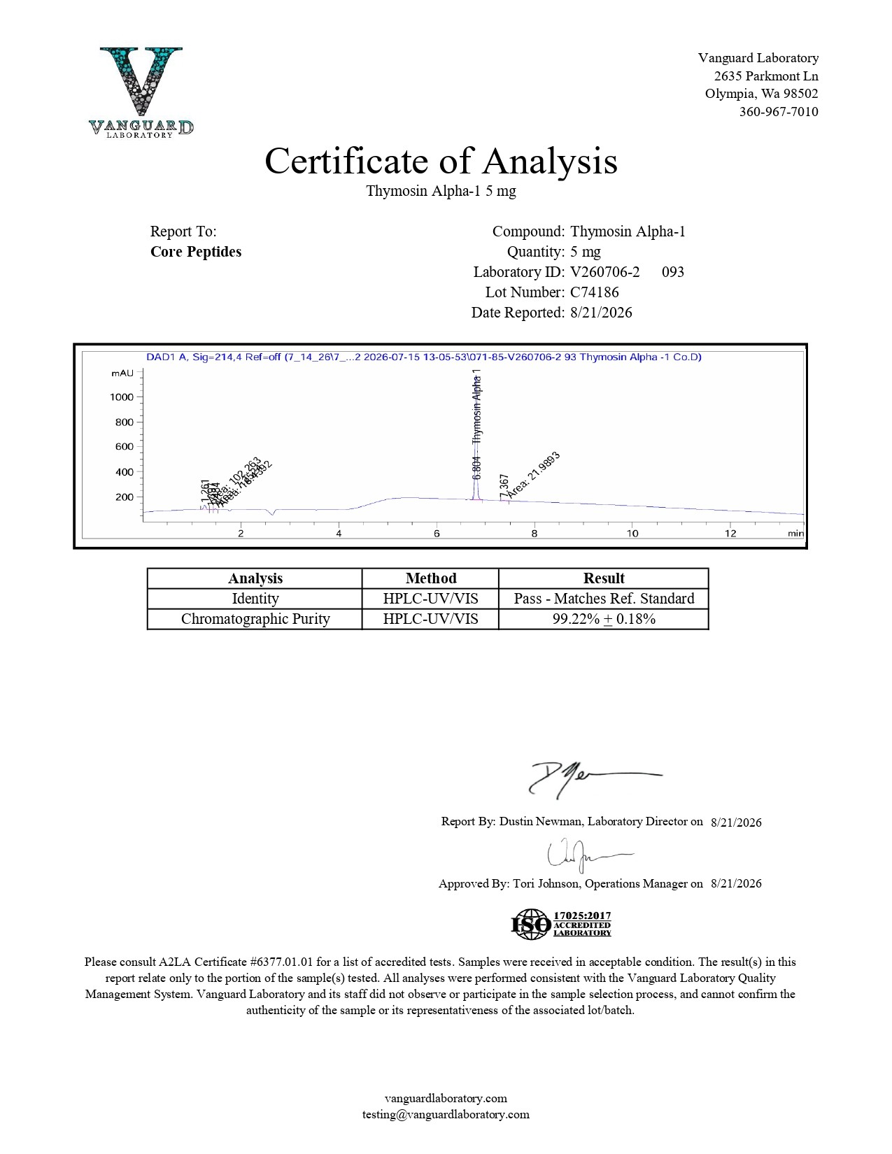 Thymosin Alpha-1 (5mg) - Certificate of Analysis Thymosin Alpha-1 (5mg) - Certificate of Analysis